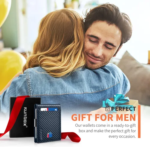 Vista 6 de RUNBOX Billeteras de hombre Slim RFID Bloqueo de dinero Clip de cuero con caja de regalo, Azul carbón, Moderno