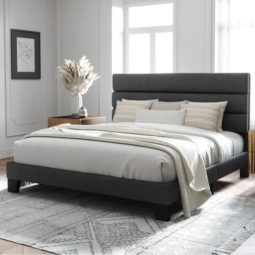 Vista 3 de Allewie - Base de cama tamaño King con cabecera tapizada en tela y soporte de listones de madera, base de colchón completamente tapizada; no Gris