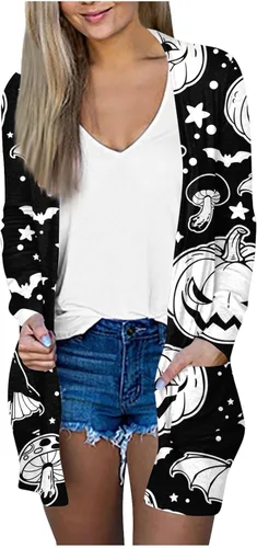 TWGONE Halloween Cardigan for Women Dressy Lightweight Halloween Costumes 2023 Fall Fashion Open Front Tops with Pockets