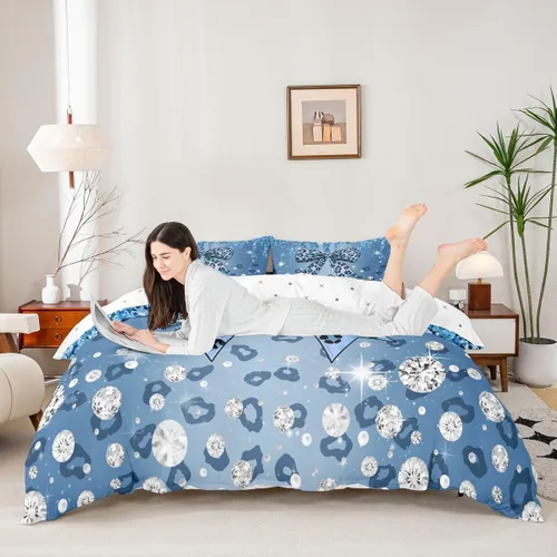 Feelyou Coquette Bow Bedding Set Twin Size Leopared Bows Comforter Cover for Kids Teens Adults Glitter Diamond Blue Duvet Cover Cute Bowknot Room