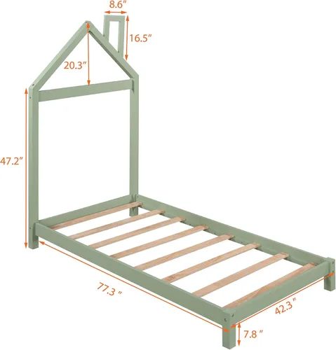 Vista 2 de Anwick Cama infantil de tamaño individual con cabecera en forma de casa, cama para niños pequeños con listones de madera maciza, marco de cama