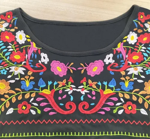 Vista 3 de Blusas bordadas mexicanas para mujer, de manga corta, para fiesta, blusas florales campesinas