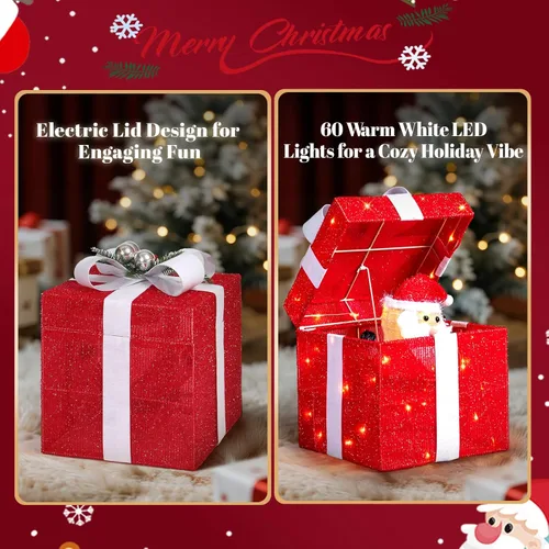 Vista 4 de VINGLI Caja de regalo iluminada roja de 12 pulgadas, muñeco de nieve iluminado, Papá Noel, decoración eléctrica de Navidad, luces LED