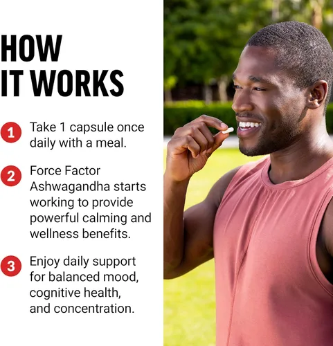 Vista 4 de FORCE FACTOR Suplementos de Ashwagandha hechos con polvo vegano de Ashwagandha premium, adaptógenos para apoyar el estrés y la salud cognitiva, sin