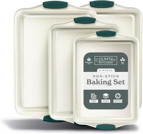 Vista 26 de Country Kitchen Juego de utensilios para hornear apilables antiadherentes, resistentes, duraderos, de fácil liberación, negro, 4 piezas