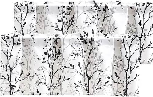 Vista 20 de Luvyohmee Cortina de cenefa estampada con ramas de árbol, cenefa de cocina de 18 pulgadas de largo, color negro, cenefas de ventana grises