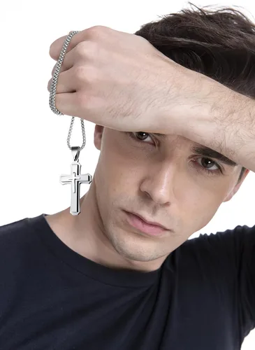 Vista 3 de MADURIAO Cross Pendant Stainless Steel Chain Crucifix Necklace Men Jewelry Silver Black