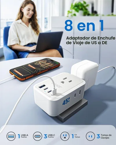 Vista 2 de Adaptador de enchufe tipo E F de 45W, adaptador de enchufe de EE. UU. a Gris blanco