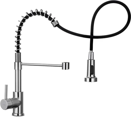 WEWE Grifo de fregadero de cocina, grifos de cocina con rociador desplegable de acero inoxidable de una sola manija un solo agujero níquel cepillado