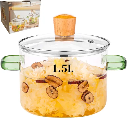 Vista 9 de Olla de vidrio de 2 L, alta conductividad térmica, eficiencia energética, resistente al calor, apta para estufa y horno, mango verde, para pasta