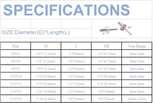 Vista 4 de Remaches ciegos de acero inoxidable de 1/8" x 1/2", remaches pop de 0.126 x 0.500 in, paquete de 100