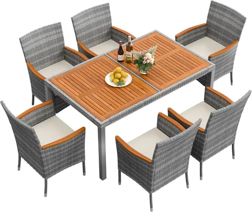 Vista 12 de Flamaker Juego de comedor de 5 piezas para patio, mesa y sillas de madera de acacia al aire libre con cojines suaves, muebles de patio de mimbre