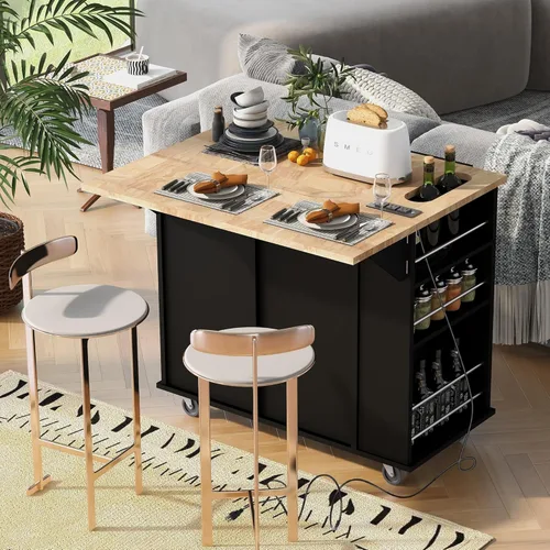 Vista 17 de LUMISOL Carrito de isla de cocina con ruedas de bloqueo con 2 cajones y 4 gabinetes, isla de cocina rodante con estantes ajustables, mesa de madera