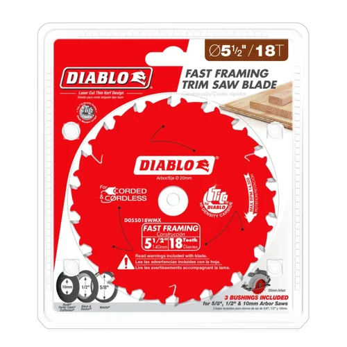 Vista 3 de Diablo Hoja de sierra de marco rápido para madera, carburo de alta densidad, 5-1/2 pulgadas de diámetro, 18 dientes ATB, eje de 0.787 in, corte