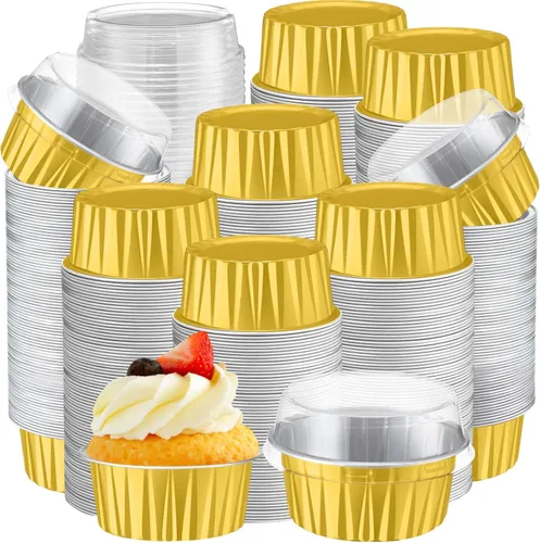 Vista 13 de Gejoy 400 tazas de papel de aluminio para hornear con tapas, moldes desechables de 5 onzas, mini moldes para tartas, moldes para magdalenas, moldes