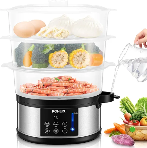 FOHERE Vaporizador de alimentos para cocinar, vaporizador de verduras de 13.7 cuartos de galón con cestas apilables de 3 niveles sin BPA, olla de