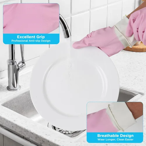 Vista 4 de Household Rubber Gloves Non-Slip Dishwashing Cleaning for Kitchen & Bathroom Reusable (2 Pairs Pink+Blue)