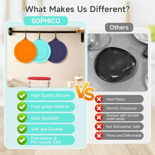Vista 3 de Sophico - Tapas redondas de silicona de repuesto para almacenamiento para Anchor Hocking y Pyrex 7402-PC, tapas para cuencos de vidrio de 6/7 tazas