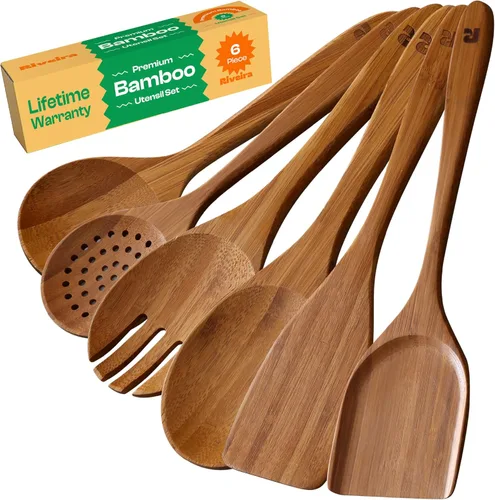 Riveira Juego de 6 Utensilios de Cocina de Madera de Bambú Marrón de Calidad Premium, No Tóxicos, Resistentes al Calor, Cucharas y Espátula de