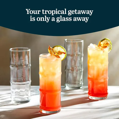 Vista 2 de Libbey Juego de 4 vasos altos para cóctel Tiki de bambú, vasos icónicos de 16 oz, vasos modernos para cócteles Highball