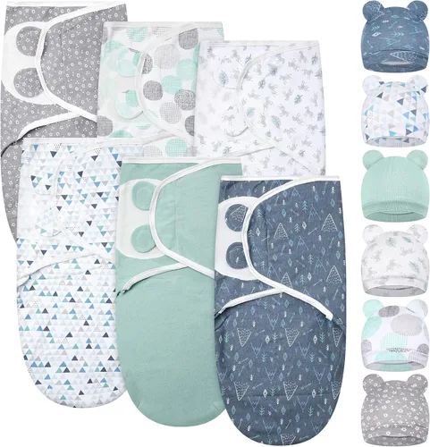 Vista 17 de Ramede - Juego de 6 Mantas para Envolver con Gorras para Bebé Niña o Niño, 100% Algodón, 0-3 Meses, Ajustable, Transpirable, Amigable para la Piel