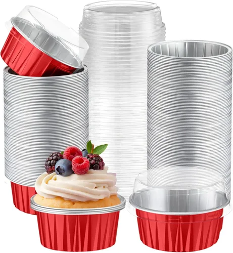 Vista 9 de Paquete de 200 forros de papel de aluminio para cupcakes con tapas, taza redonda de 5 onzas para hornear, recipiente desechable para Ramadán, Negro