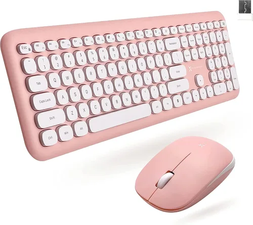 Vista 10 de X9 - Lindo teclado y mouse inalámbricos, teclado y mouse coloridos de 2.4 G con máquina de escribir multicolor retro, teclas para teclado de Negro