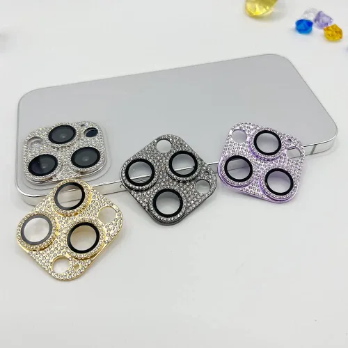 Vista 2 de Paquete de 2 fundas protectoras completas para lente de cámara compatibles con iPhone 3D con diamantes brillantes y brillantes, accesorios
