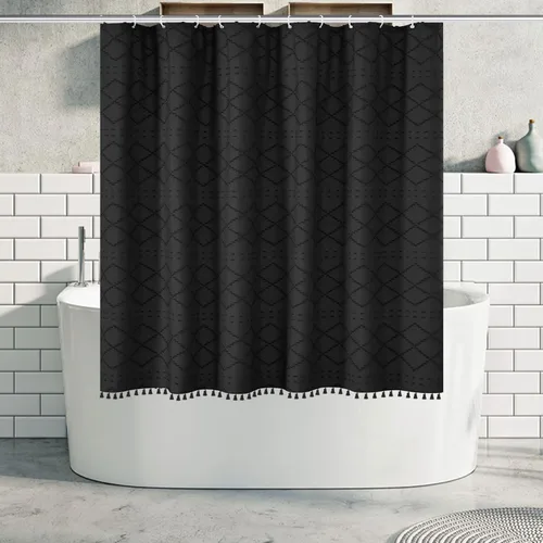 Vista 8 de Siiluminisoy - Cortina de ducha pequeña estilo boho para cubículo, de tela tejida con borla blanca, 36 x 72 pulgadas, tamaño medio, con diseño