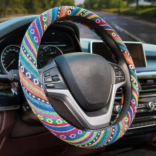 Funda gruesa de gamuza de lino para volante universal de 15 pulgadas con patrón de estilo étnico, Style A