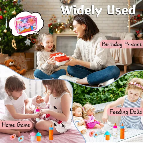 Vista 6 de Juego de 13 Piezas de Accesorios para Muñecas de Bebé con Biberones Mágicos, Juego de Juguetes de Alimentación de Simulación con Empaque, Juego