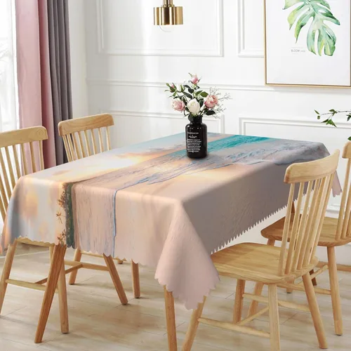 Vista 28 de Mantel oblongo, diseño de playa de 52 x 70 pulgadas, diseño de playa con estrellas de mar y olas de mar, con decoración impermeable y resistente a