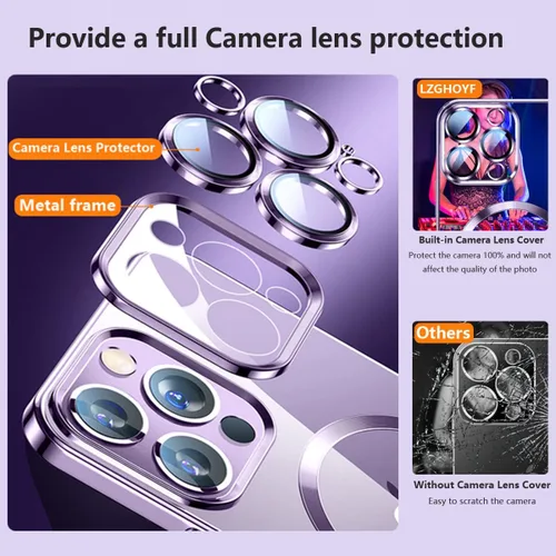 Vista 3 de Funda magnética transparente para iPhone 14 Pro Max, protector de lente de cámara integrado, compatible con carcasa magnética MagSafe Slim