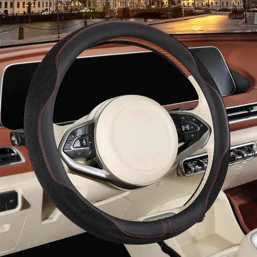 Vista 18 de Funda para volante de 14 pulgadas en forma de D para Prius Civic, piel de microfibra de napa antideslizante, transpirable, cálida en invierno