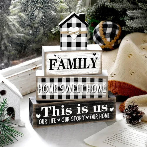 Vista 2 de Cinnvoice Decoración de mesa de madera estilo granja rústico para el hogar, centros de mesa "Home Sweet Home" Este es nuestro letrero de bloque