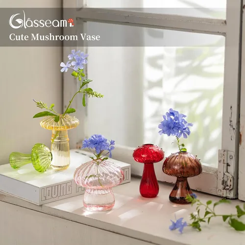 Vista 3 de Glasseam Macetero de Vidrio con Forma de Hongo, Juego de 5 Estaciones de Propagación de Plantas de Colores, Mini Terrario para Plantas, Jarrón