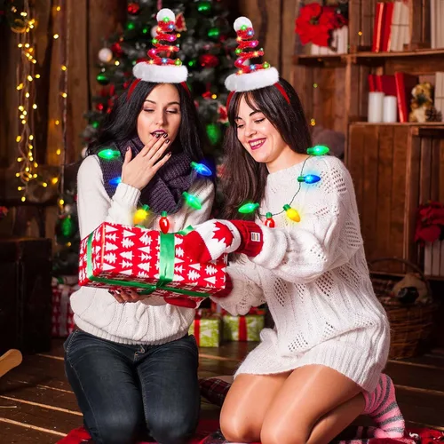 Vista 6 de Farochy Christmas Tree Headband with Light Necklace 2PCS Christmas LED Headband with Christmas Bulb Necklace Santa Headband