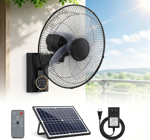 Ventilador solar montado en la pared de 16 pulgadas para patio, ventilador oscilante al aire libre con control remoto, oscilación de 90°