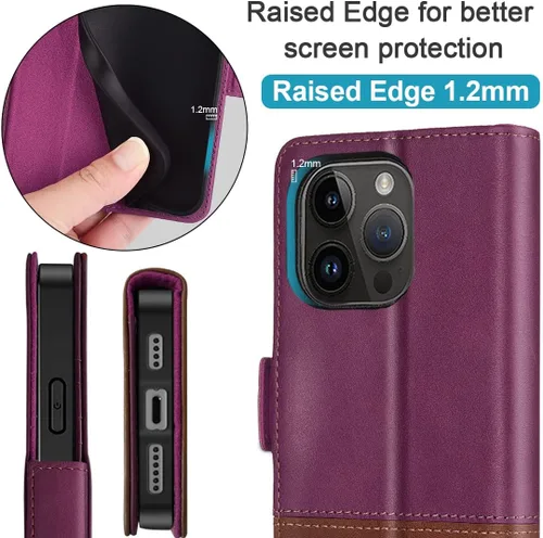 Vista 6 de KEZiHOME Funda tipo cartera para iPhone 14 Pro, de piel auténtica, bloqueo RFID, ranuras para tarjetas, soporte, a prueba de golpes, funda magnética