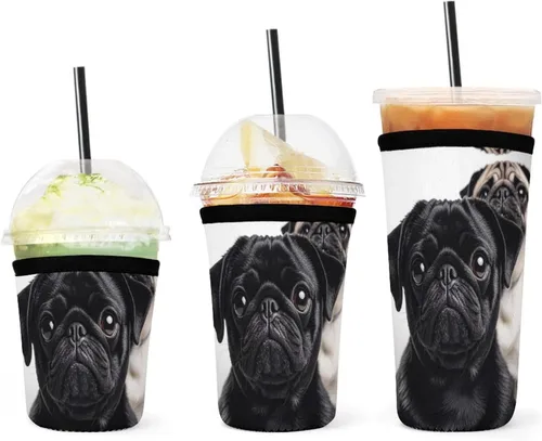 Cute Black Pug Dog Reusable Insulated Neoprene Iced Coffee Cup Sleeves 3 Sizes Diving Material Cup Durable Beverage Covers for Cold Coffee Tea Drinks