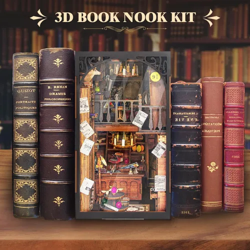 Vista 7 de Kit de Rincón de Libros para Hacer Uno Mismo, Rompecabezas de Madera 3D en Miniatura Sujetalibros Decoración de Estantería con Luz LED, Cubierta