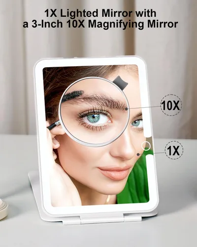 Vista 3 de Espejo de maquillaje de viaje recargable con luces, tocador portátil iluminado con aumento de 10X, 70 luces LED, pantalla táctil regulable de 3