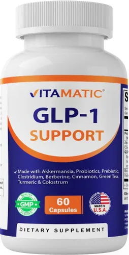 Vitamatic GLP-1 Suplemento de apoyo para hombres y mujeres, 60 cápsulas, fabricado con Akkermansia, probióticos, prebióticos, clostridio, berberina,