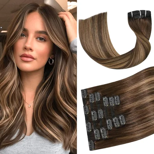 Aison Extensiones de cabello con clip balayage de cabello humano real, extensiones de cabello ombre 100% de cabello humano para mujer, 12 pulgadas,