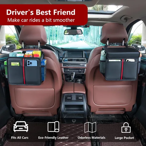 Vista 2 de Hanging Car Seat Organizer Backseat Car Organizer - Premium PU Leather Car Backseat Organizer Road Trip Essentials, Multifunction Car Seat Back