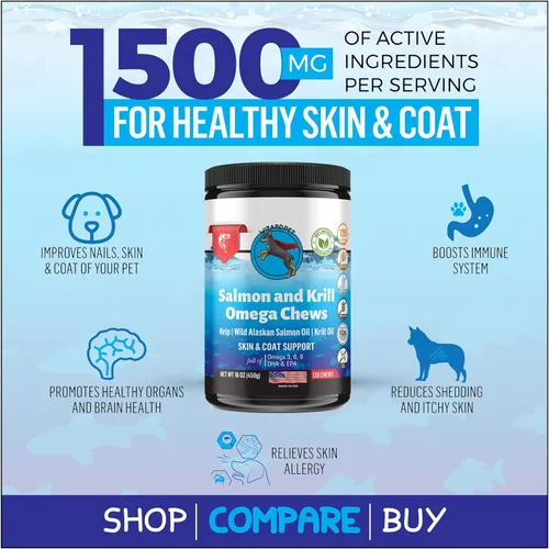 Vista 3 de Wild Alaskan Salmon Krill - Masticables de aceite de krill para perros, 120 golosinas suaves, suplemento de pescado Omega 3 6 9, EPA, DHA para piel