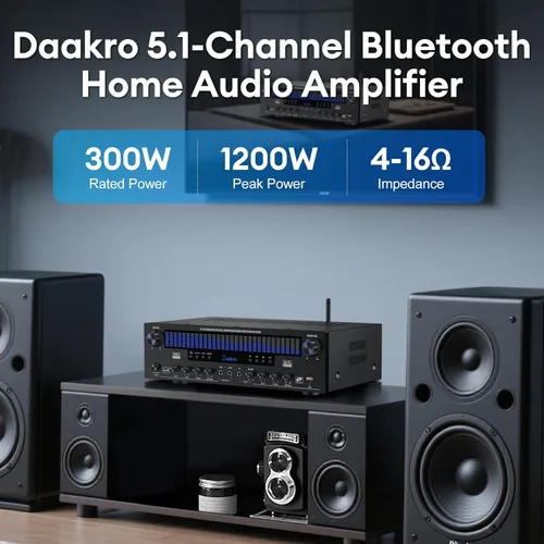 Vista 3 de Daakro Receptores estéreo amplificador de audio para el hogar con pantalla DSP, 300 W de potencia nominal 5.1 canales receptor Bluetooth