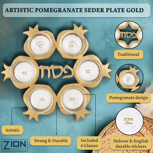 Vista 3 de Impresionante juego de seder de Pascua de granada – Plato artístico de seder con forma de granada y 6 platos de vidrio, cubierta de matzo de seda