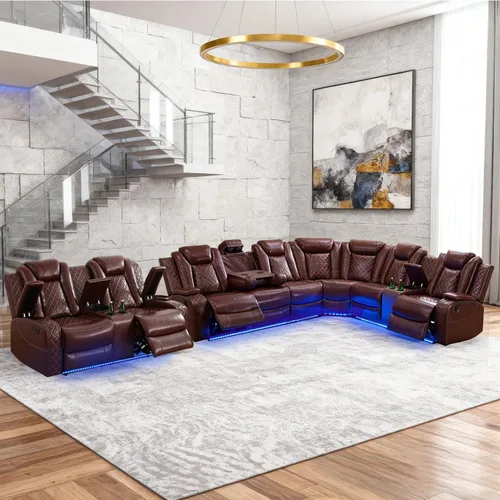Vista 10 de Juego de sofá modular reclinable eléctrico para sala de estar, juego de sofá reclinable de cuero con luces LED / almacenamiento oculto, sofá