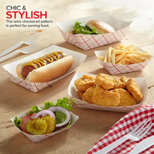 Vista 7 de Stock Your Home Botes de papel extra pequeños (paquete de 100) – Bandejas de papel desechables de 0.5 libras de papel a cuadros rojos y blancos